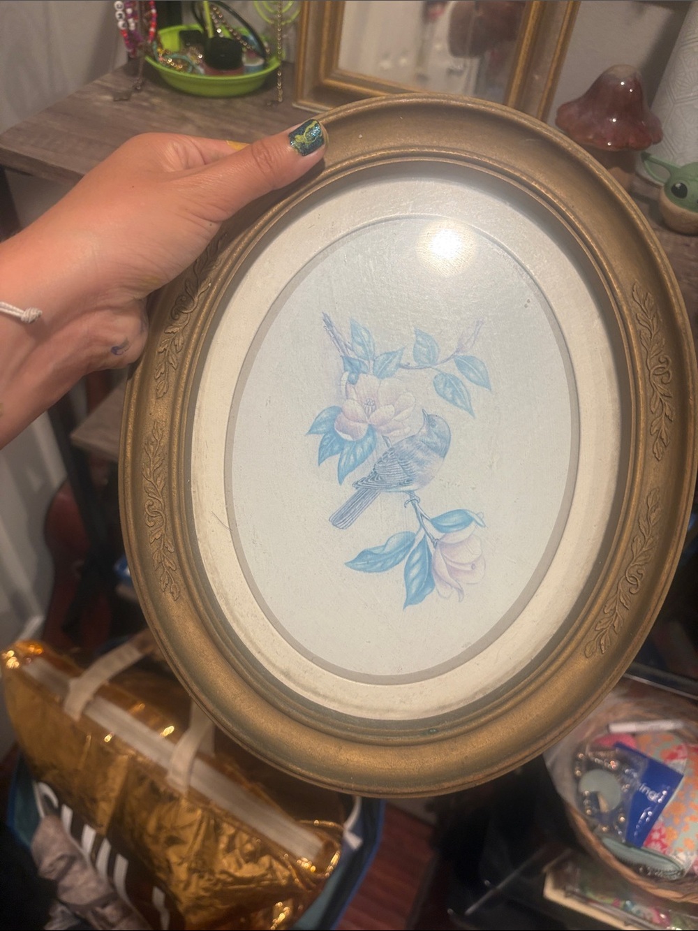 Gold Oval Framed Bird Floral Wall Art